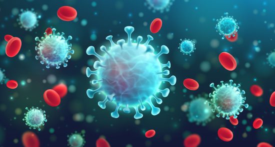 Virus background with disease cells and red blood cells